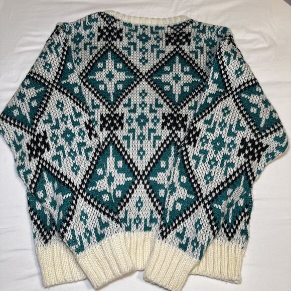 VTG Claybrooke Unisex Medium Sweater Cream Teal Navy Chunky Knit Long Sleeve - Picture 12 of 13
